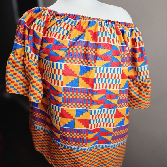 Ankara / african print Orange and Yellow Off the Shoulder Flutter Sleeve Blouse - Picture 2 of 2